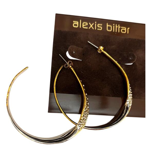 ALEXIS BITTAR Crystal Encrusted Twisted Two Tone Silver-Gold Hoop Earrings | NWT - Picture 3 of 12